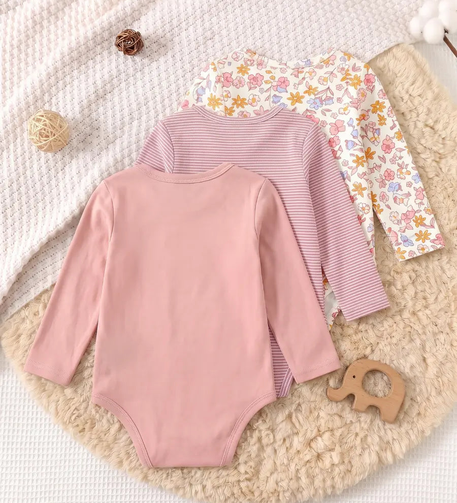 Body Bebê Menina Manga Longa Gola Redonda Kit 3 Peças Estampa Floral Listrado Gatinho 0 aos 18 Meses — foto 2