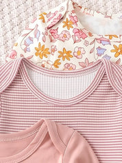 Body Bebê Menina Manga Longa Gola Redonda Kit 3 Peças Estampa Floral Listrado Gatinho 0 aos 18 Meses — foto 4