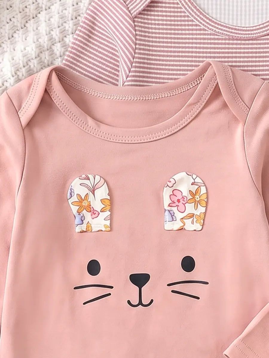 Body Bebê Menina Manga Longa Gola Redonda Kit 3 Peças Estampa Floral Listrado Gatinho 0 aos 18 Meses — foto 5