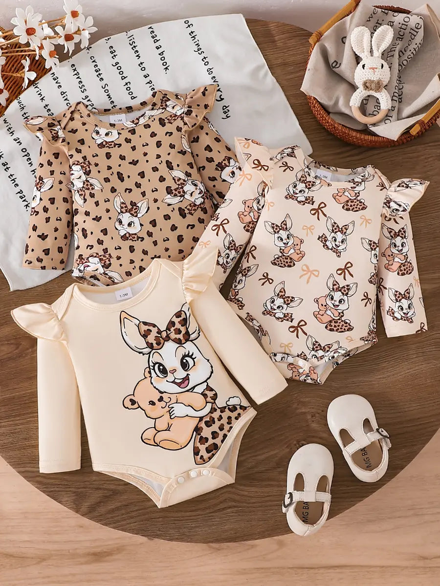 Body Bebê Menina Kit 3 Peças Manga Longa Gola Redonda Babado Estampa Coelho Damasco 0 a 12 Meses — foto 1