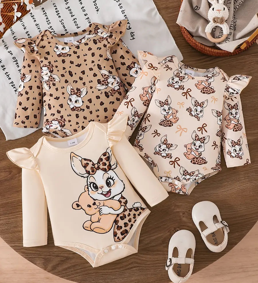 Body Bebê Menina Kit 3 Peças Manga Longa Gola Redonda Babado Estampa Coelho Damasco 0 a 12 Meses — foto 1