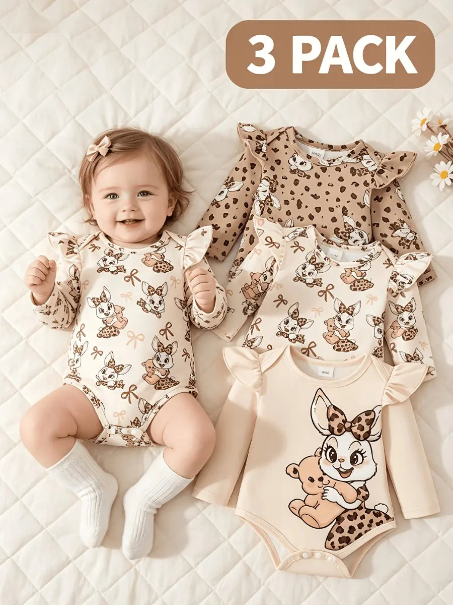 Body Bebê Menina Kit 3 Peças Manga Longa Gola Redonda Babado Estampa Coelho Damasco 0 a 12 Meses — foto 2