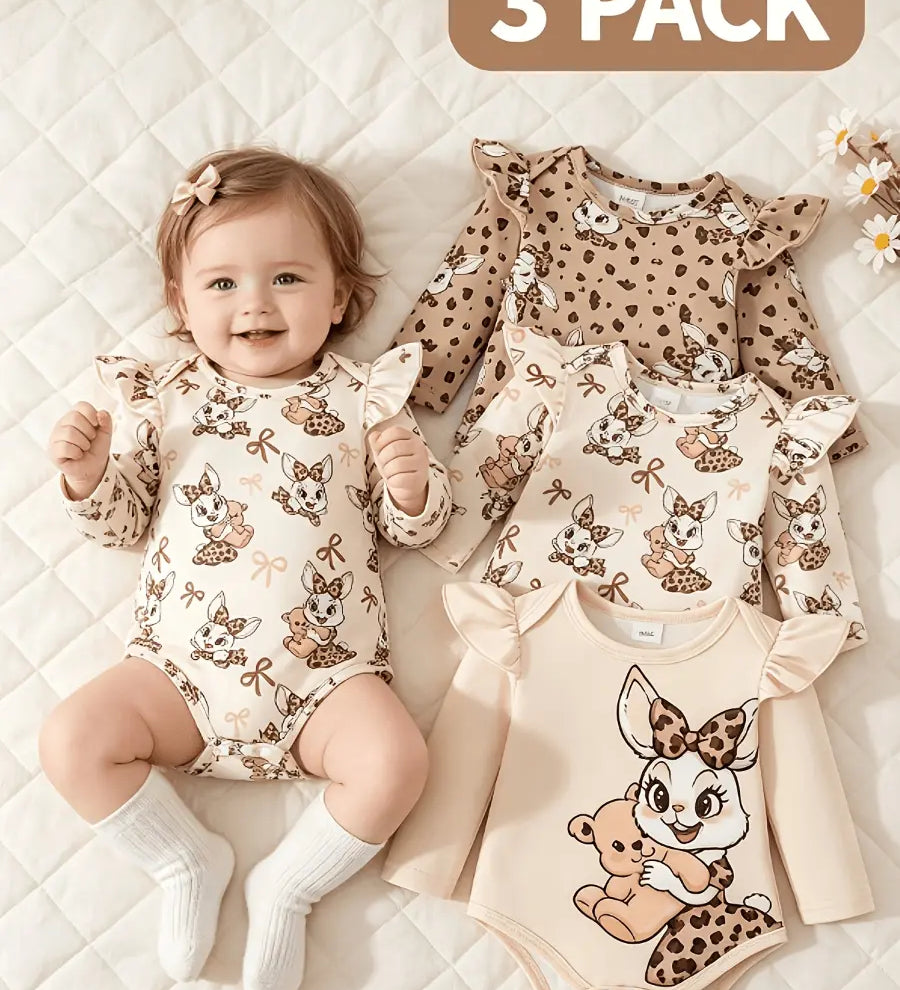 Body Bebê Menina Kit 3 Peças Manga Longa Gola Redonda Babado Estampa Coelho Damasco 0 a 12 Meses — foto 2