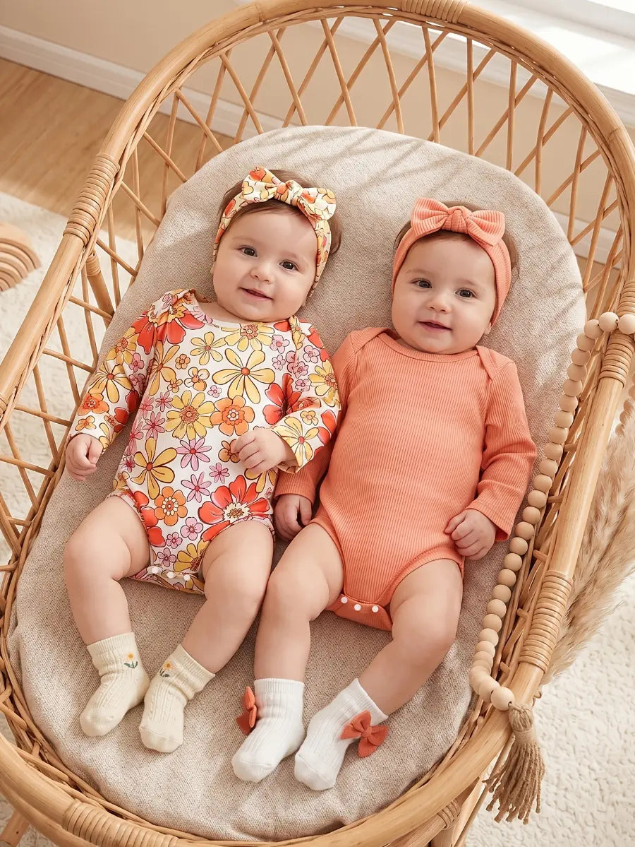Body Bebê Menina Manga Longa Kit 2 Peças Floral e Canelado Gola Redonda Poliéster Laranja 0 aos 18 Meses — foto 1