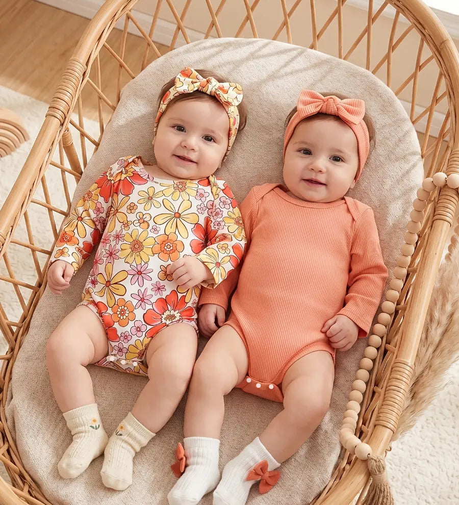 Body Bebê Menina Manga Longa Kit 2 Peças Floral e Canelado Gola Redonda Poliéster Laranja 0 aos 18 Meses — foto 1