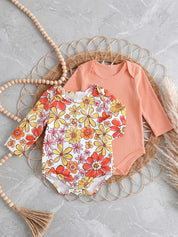Body Bebê Menina Manga Longa Kit 2 Peças Floral e Canelado Gola Redonda Poliéster Laranja 0 aos 18 Meses — foto 2
