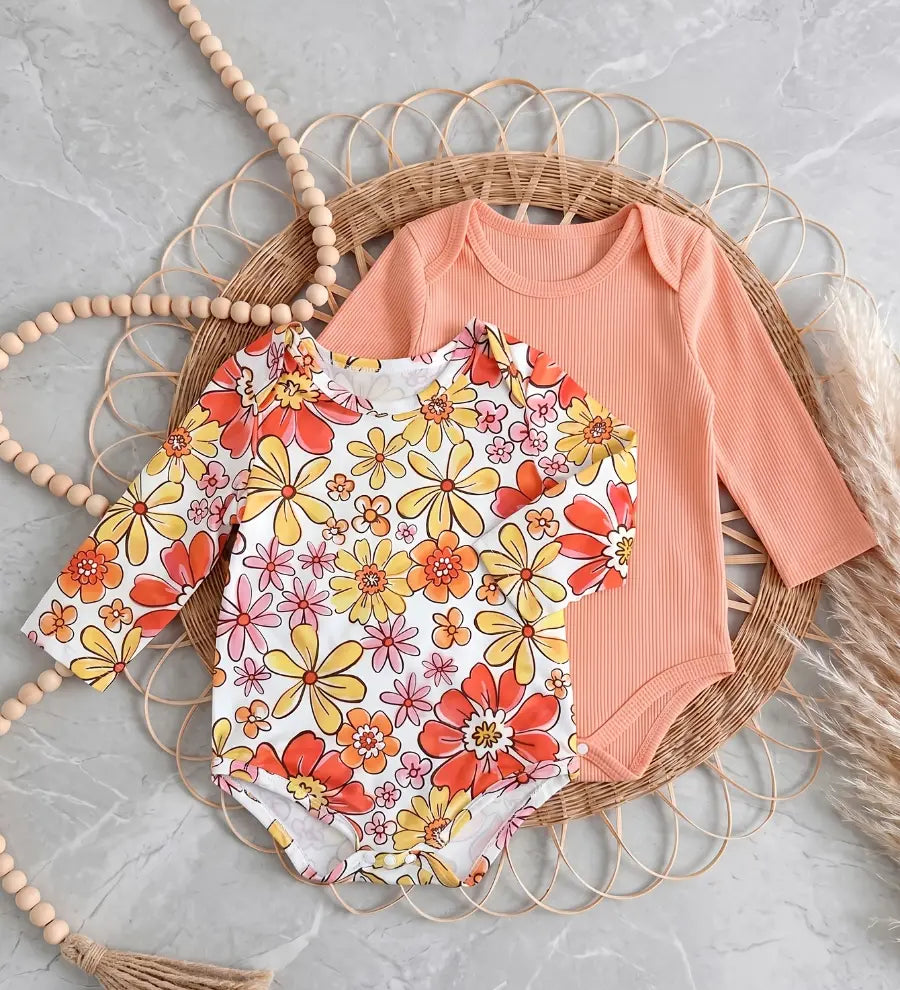 Body Bebê Menina Manga Longa Kit 2 Peças Floral e Canelado Gola Redonda Poliéster Laranja 0 aos 18 Meses — foto 2