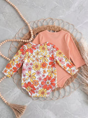 Body Bebê Menina Manga Longa Kit 2 Peças Floral e Canelado Gola Redonda Poliéster Laranja 0 aos 18 Meses — foto 3