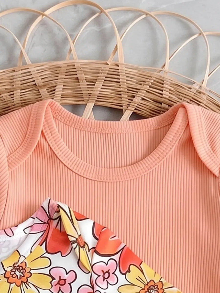 Body Bebê Menina Manga Longa Kit 2 Peças Floral e Canelado Gola Redonda Poliéster Laranja 0 aos 18 Meses — foto 4