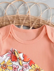 Body Bebê Menina Manga Longa Kit 2 Peças Floral e Canelado Gola Redonda Poliéster Laranja 0 aos 18 Meses — foto 4