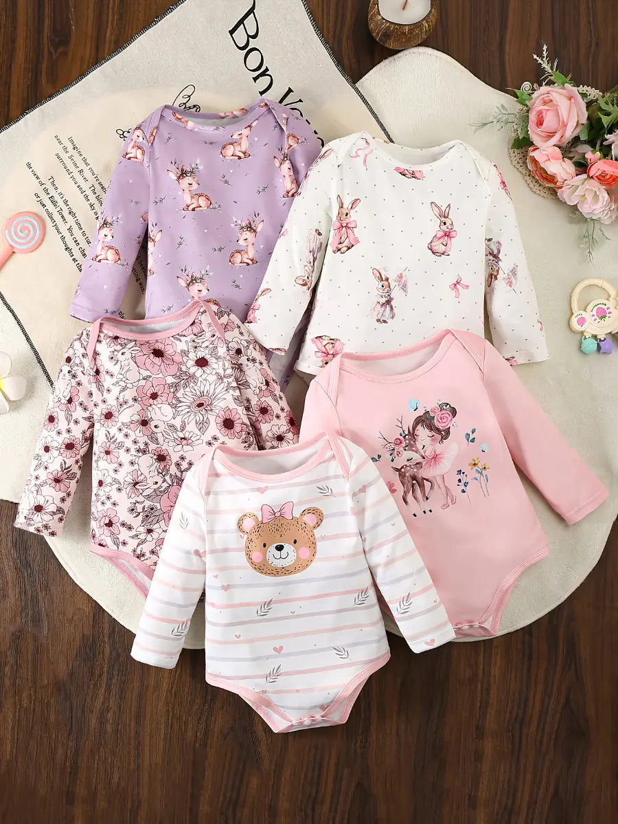 Body Bebê Menina Manga Longa Kit 5 Peças Estampas Coelho Cervo Floral Urso Malha 0 aos 18 Meses — foto 1