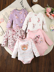 Body Bebê Menina Manga Longa Kit 5 Peças Estampas Coelho Cervo Floral Urso Malha 0 aos 18 Meses — foto 1