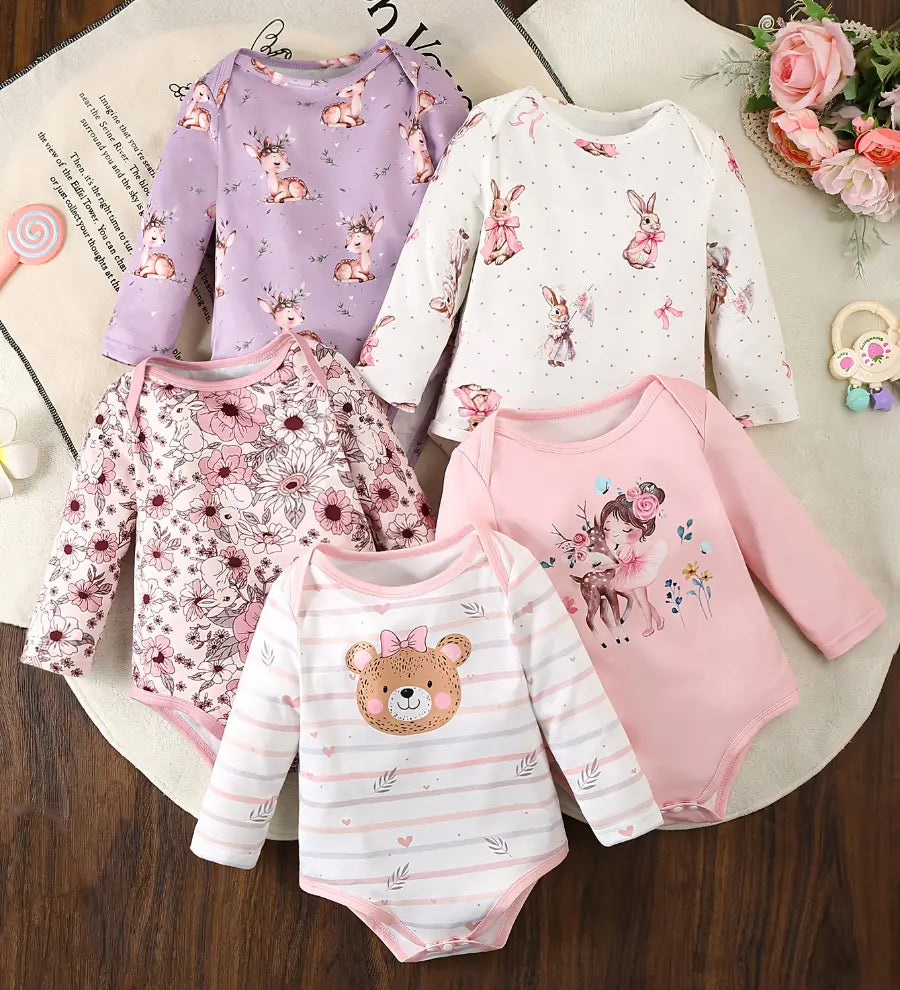 Body Bebê Menina Manga Longa Kit 5 Peças Estampas Coelho Cervo Floral Urso Malha 0 aos 18 Meses — foto 1