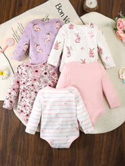 Body Bebê Menina Manga Longa Kit 5 Peças Estampas Coelho Cervo Floral Urso Malha 0 aos 18 Meses — foto 2