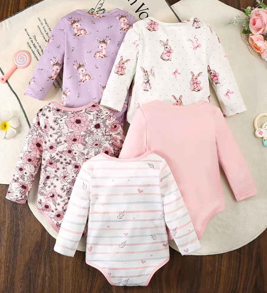 Body Bebê Menina Manga Longa Kit 5 Peças Estampas Coelho Cervo Floral Urso Malha 0 aos 18 Meses — foto 2