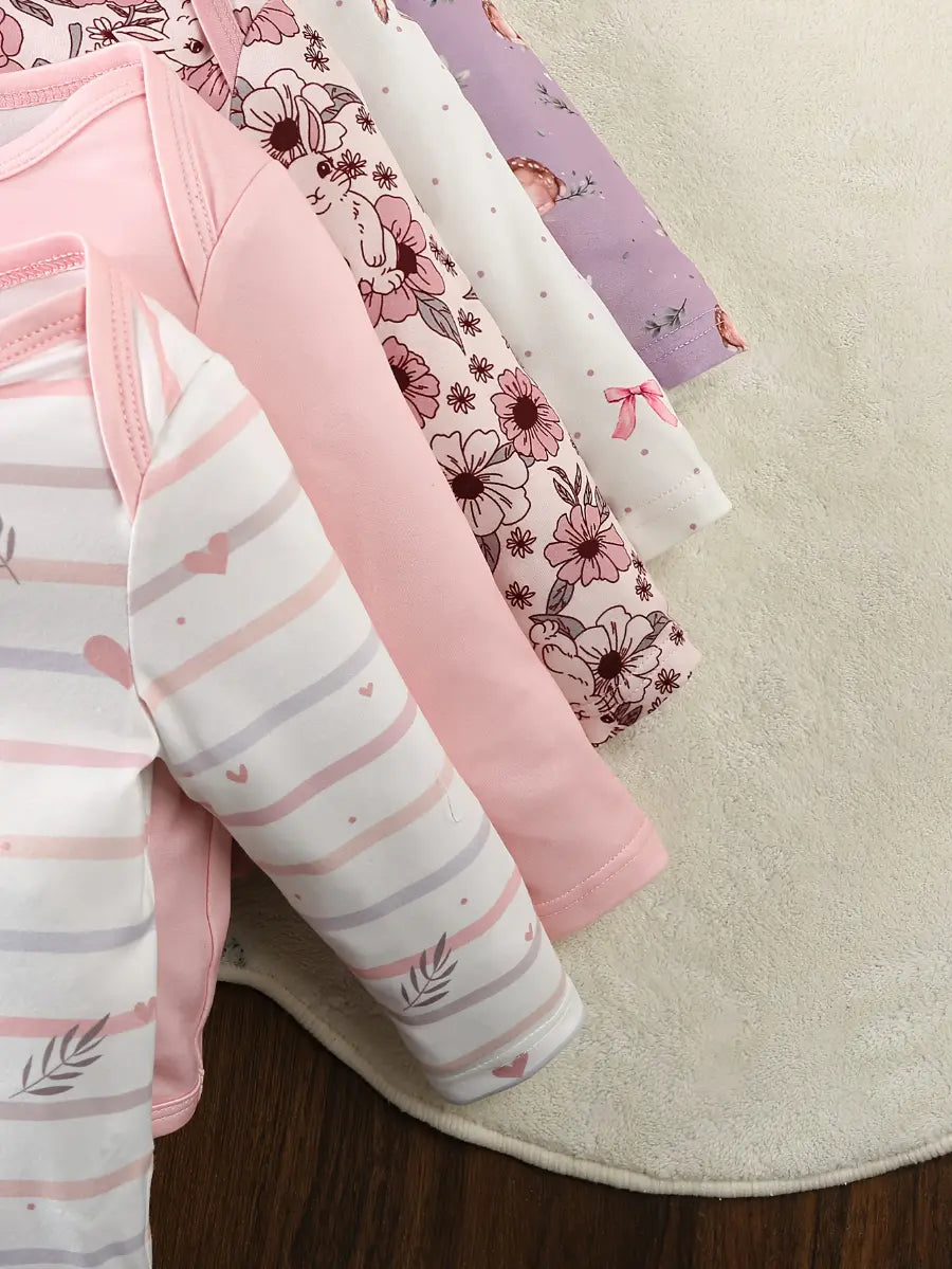 Body Bebê Menina Manga Longa Kit 5 Peças Estampas Coelho Cervo Floral Urso Malha 0 aos 18 Meses — foto 4