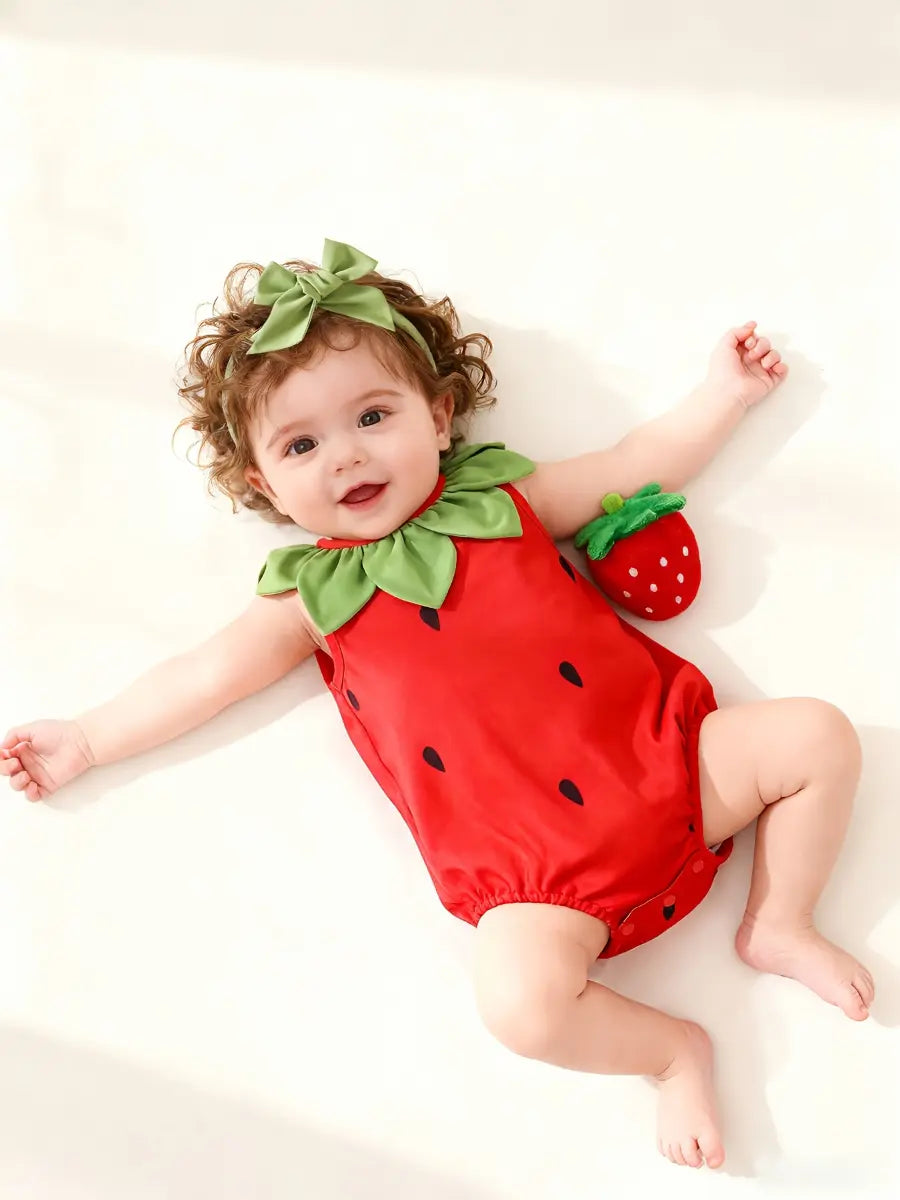 Macacão Bebê Frutas Sem Manga Gola Verde Estampa Morango Poliéster 0 aos 18 Meses — foto 1