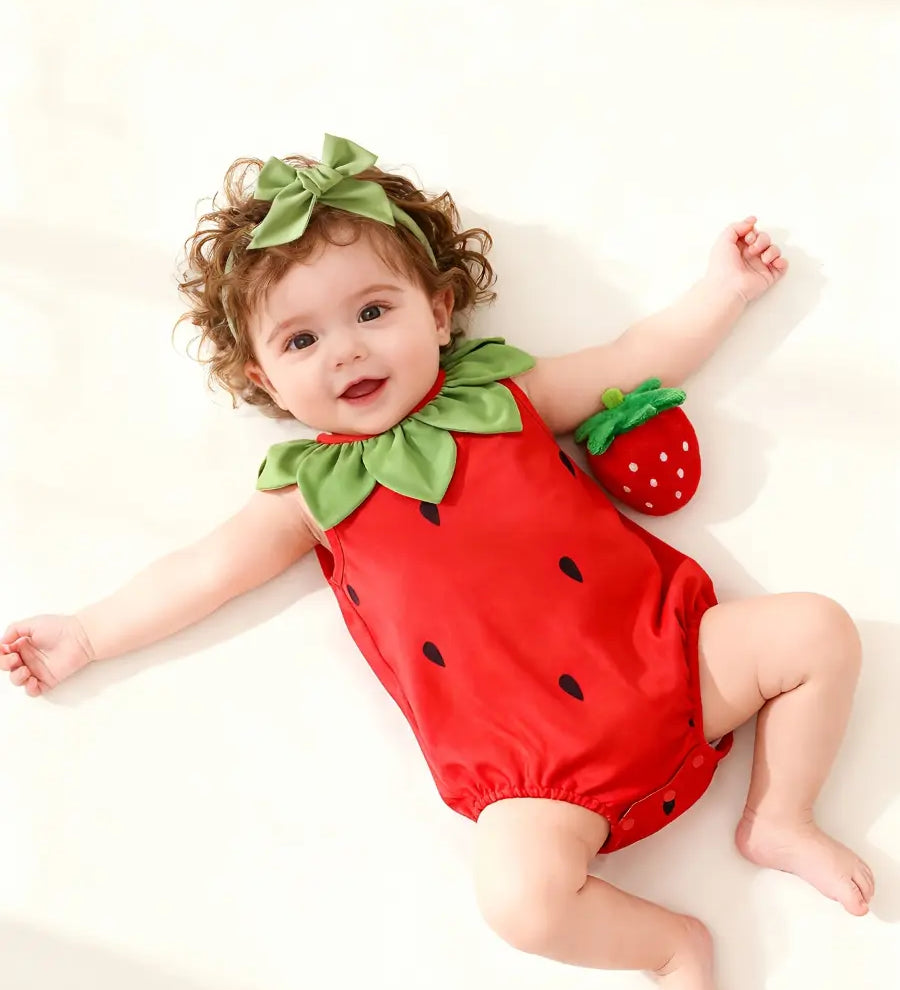 Macacão Bebê Frutas Sem Manga Gola Verde Estampa Morango Poliéster 0 aos 18 Meses — foto 1