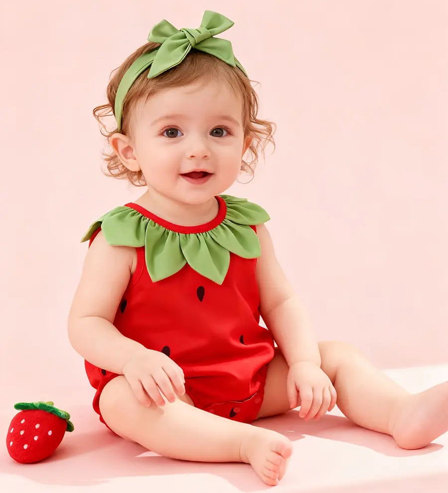 Macacão Bebê Frutas Sem Manga Gola Verde Estampa Morango Poliéster 0 aos 18 Meses — foto 2