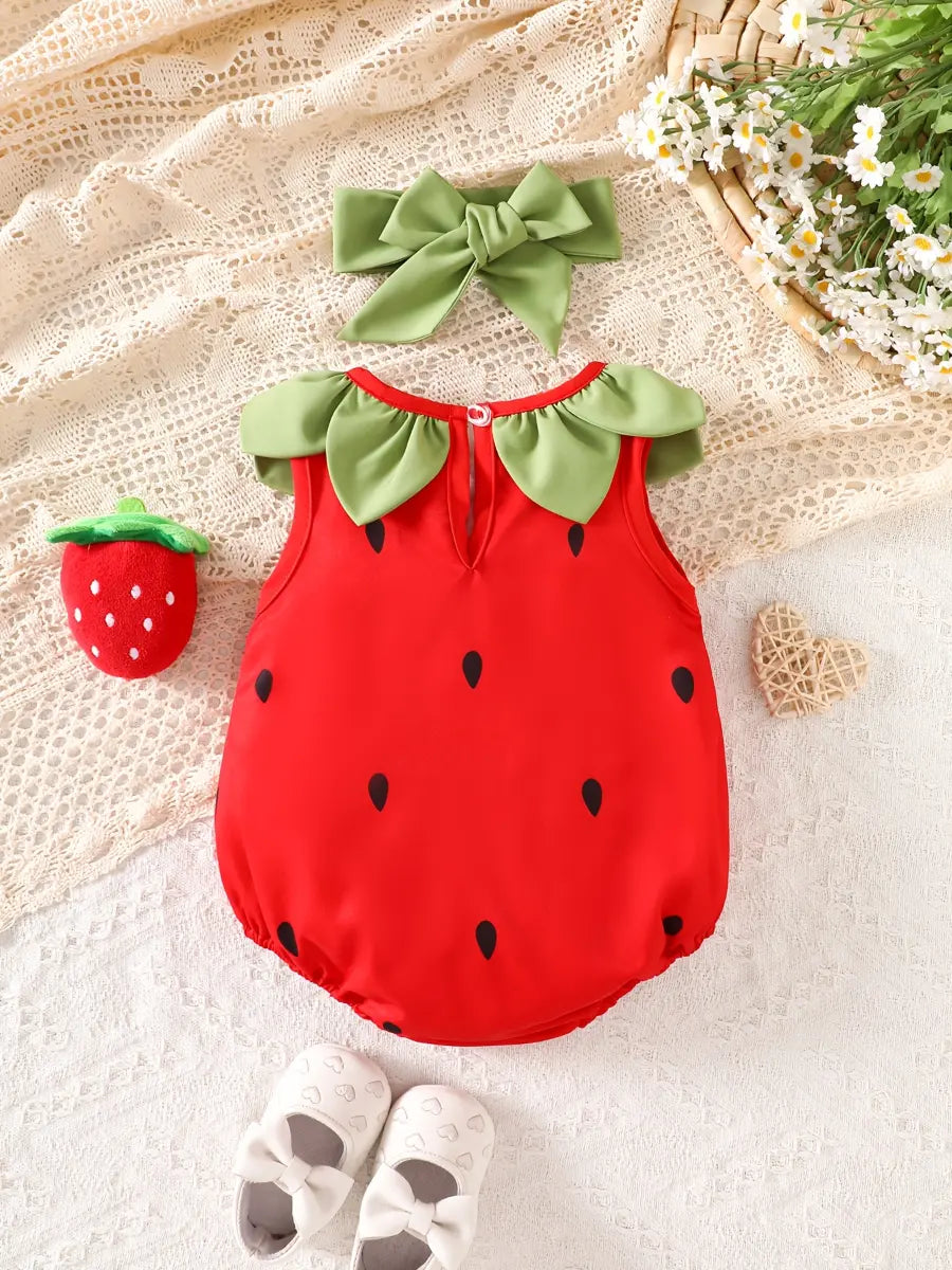 Macacão Bebê Frutas Sem Manga Gola Verde Estampa Morango Poliéster 0 aos 18 Meses — foto 4