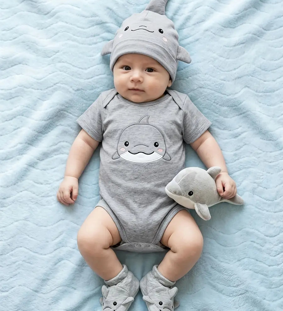 Body Bebê Menino Manga Curta Estampa Tubarão Malha Kit 3 Peças com Gorro e Pantufa Cinza 0 aos 12 Meses — foto 1