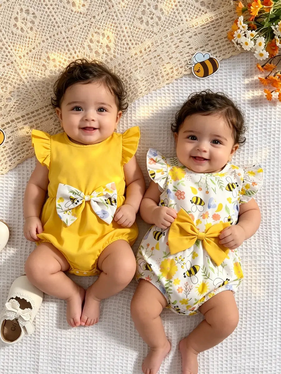 Kit 2 Body Bebê Menina Estampa Abelha Flor Laço 3D Manga Babado Poliéster 0-3 ao 12-18 Meses — foto 1