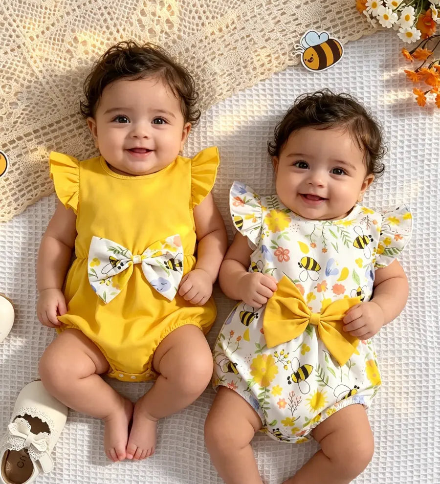 Kit 2 Body Bebê Menina Estampa Abelha Flor Laço 3D Manga Babado Poliéster 0-3 ao 12-18 Meses — foto 1