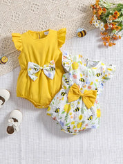 Kit 2 Body Bebê Menina Estampa Abelha Flor Laço 3D Manga Babado Poliéster 0-3 ao 12-18 Meses — foto 2