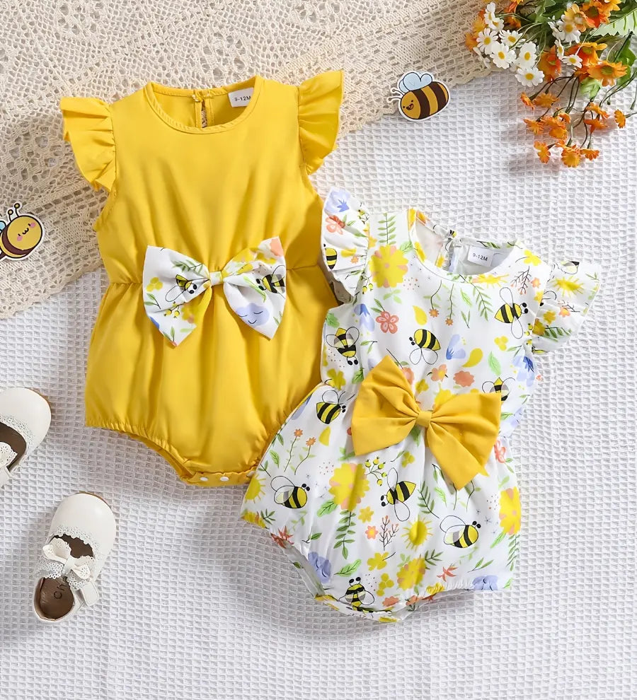 Kit 2 Body Bebê Menina Estampa Abelha Flor Laço 3D Manga Babado Poliéster 0-3 ao 12-18 Meses — foto 2