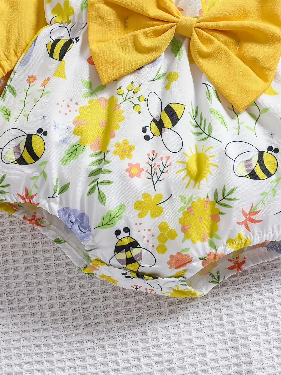 Kit 2 Body Bebê Menina Estampa Abelha Flor Laço 3D Manga Babado Poliéster 0-3 ao 12-18 Meses — foto 4
