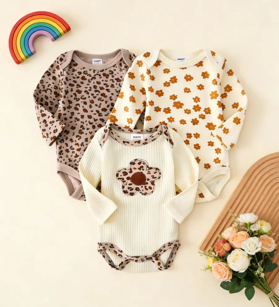 Kit 3 Body Bebê Menina Manga Longa Algodão Estampa Floral e Oncinha 1 aos 9 Meses — foto 1