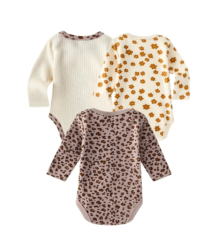 Kit 3 Body Bebê Menina Manga Longa Algodão Estampa Floral e Oncinha 1 aos 9 Meses — foto 2