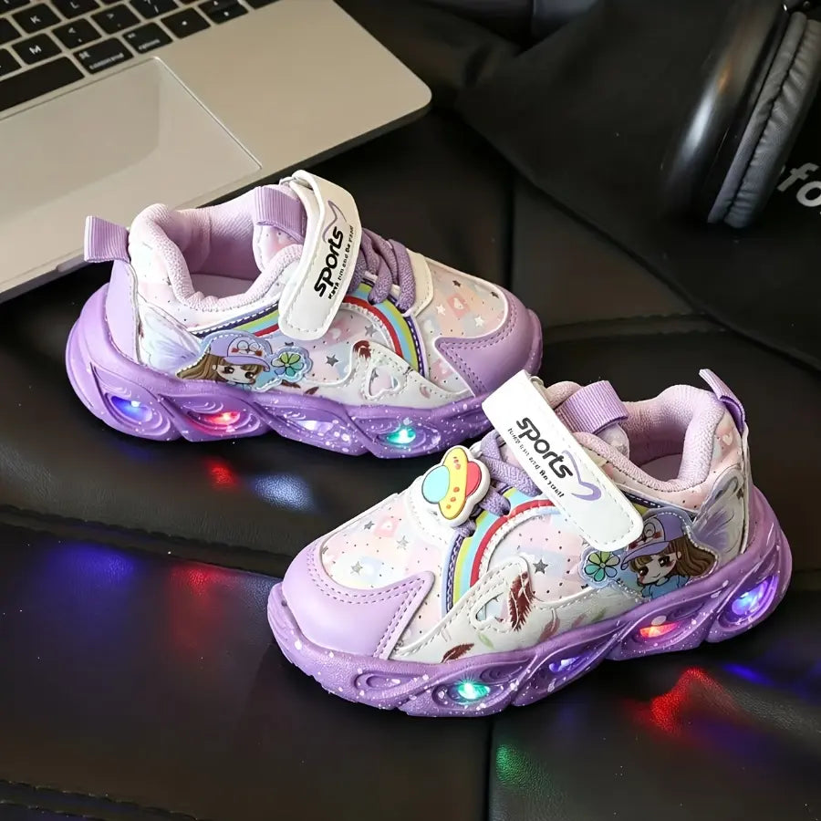 Tênis Infantil Feminino Luminoso com Luz LED Esportivo Estampa Fada Velcro Respirável Rosa e Roxo 20 ao 27 — foto 1