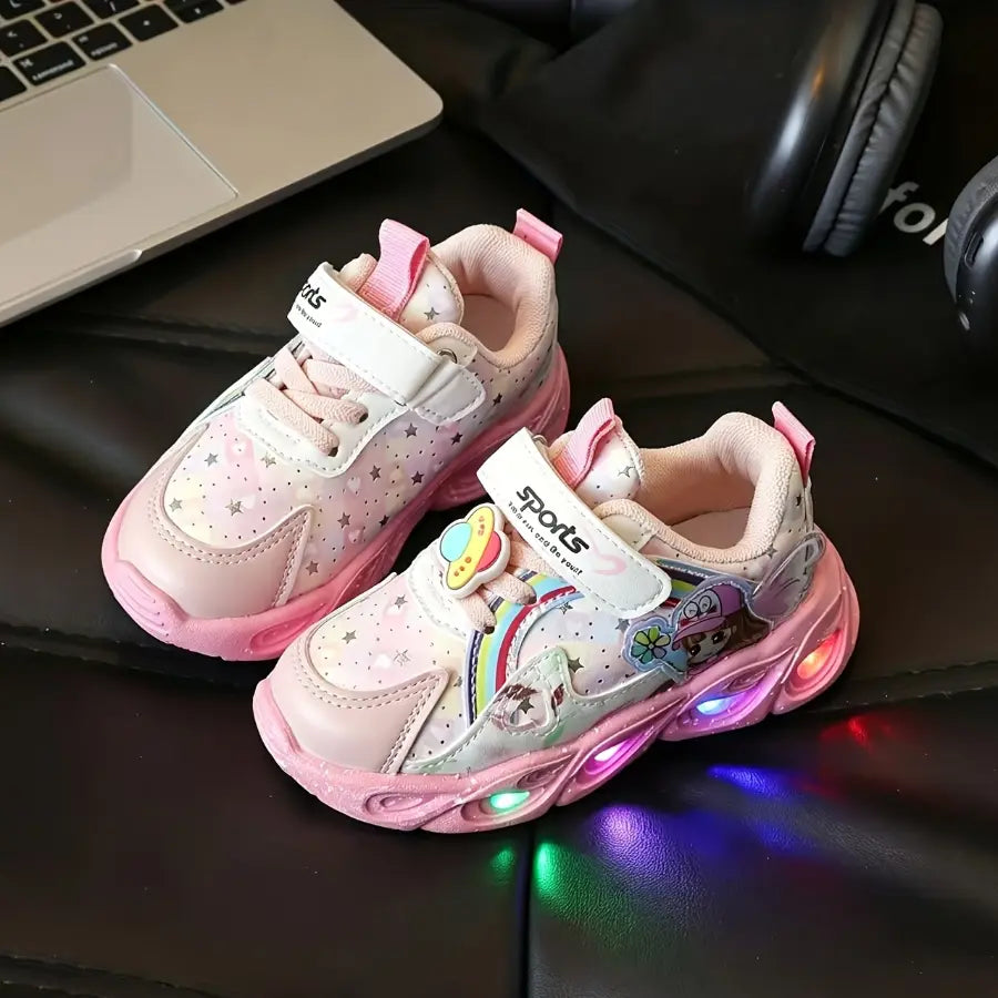 Tênis Infantil Feminino Luminoso com Luz LED Esportivo Estampa Fada Velcro Respirável Rosa e Roxo 20 ao 27 — foto 2