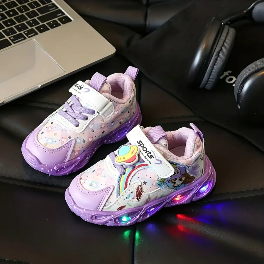 Tênis Infantil Feminino Luminoso com Luz LED Esportivo Estampa Fada Velcro Respirável Rosa e Roxo 20 ao 27 — foto 3