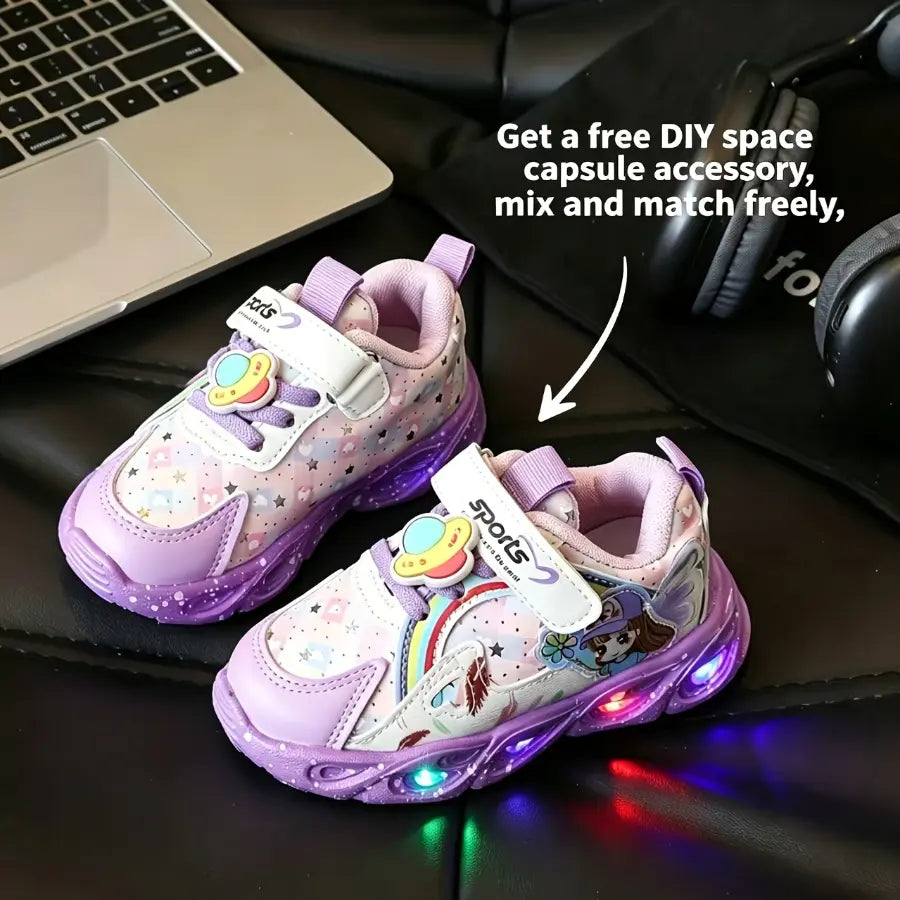 Tênis Infantil Feminino Luminoso com Luz LED Esportivo Estampa Fada Velcro Respirável Rosa e Roxo 20 ao 27 — foto 4