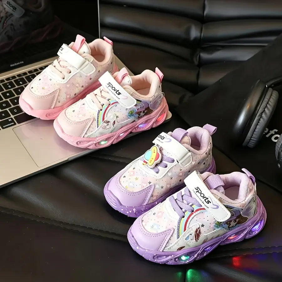 Tênis Infantil Feminino Luminoso com Luz LED Esportivo Estampa Fada Velcro Respirável Rosa e Roxo 20 ao 27 — foto 5