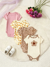 Kit 4 Bodies Bebê Menina Manga Curta Estampa Leopardo e Floral Algodão Gola Redonda 0 a 9 Meses — foto 2