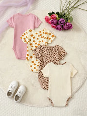 Kit 4 Bodies Bebê Menina Manga Curta Estampa Leopardo e Floral Algodão Gola Redonda 0 a 9 Meses — foto 3