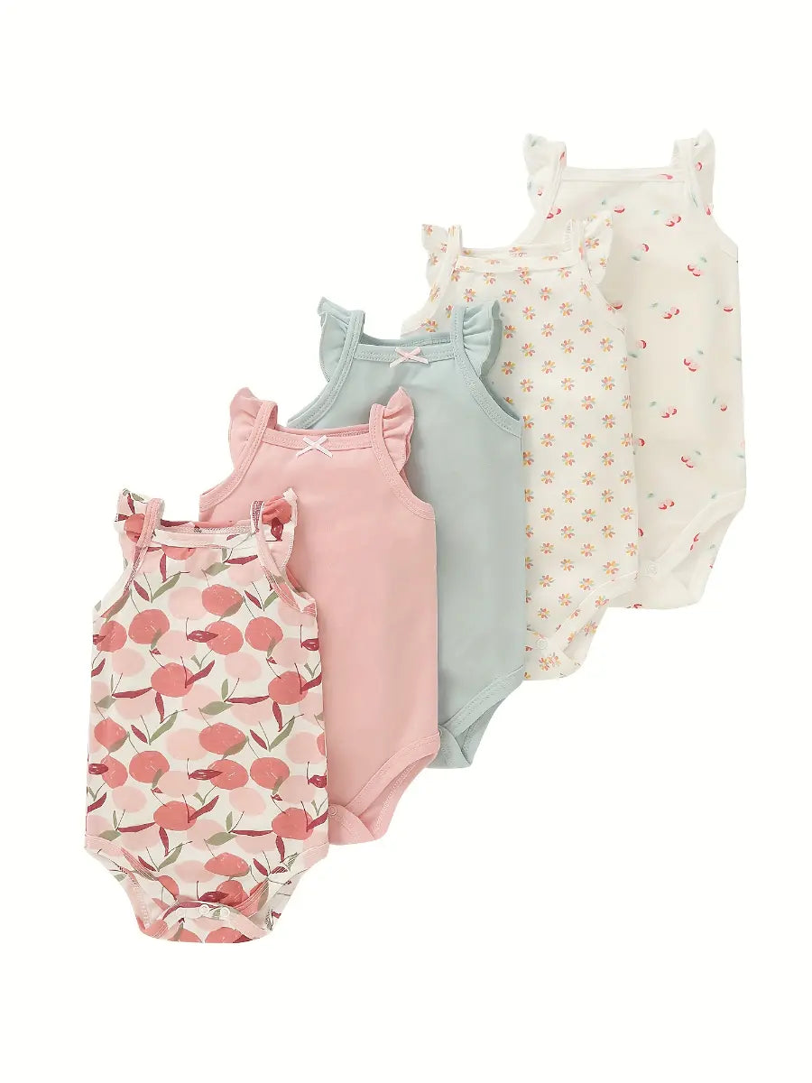 Kit 5 Bodies Bebê Menina Regata Alcinha Babado Estampa Floral Algodão 0 a 12 Meses — foto 1