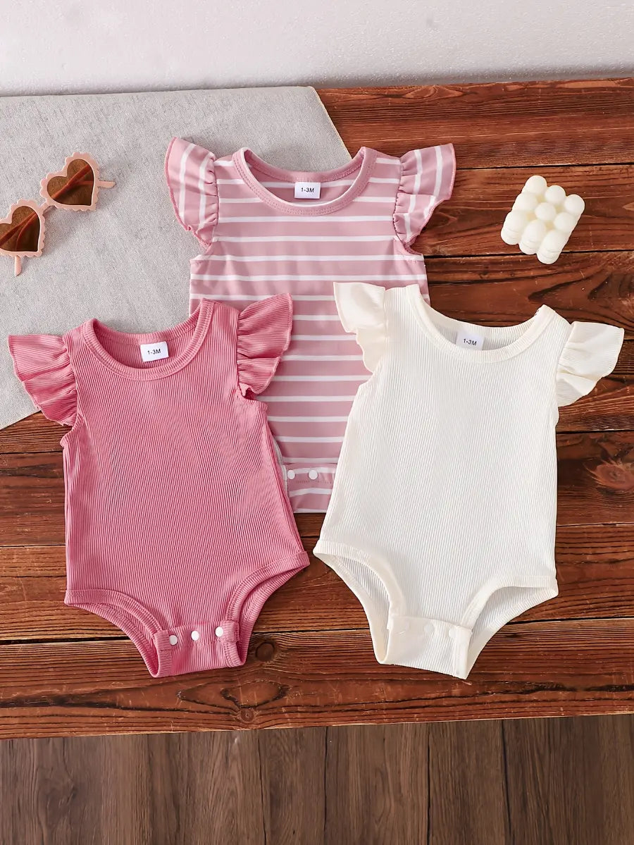 Body Bebê Menina Kit 3 Peças Manga Babado Liso e Listrado Malha Canelada 0 aos 12 Meses — foto 1