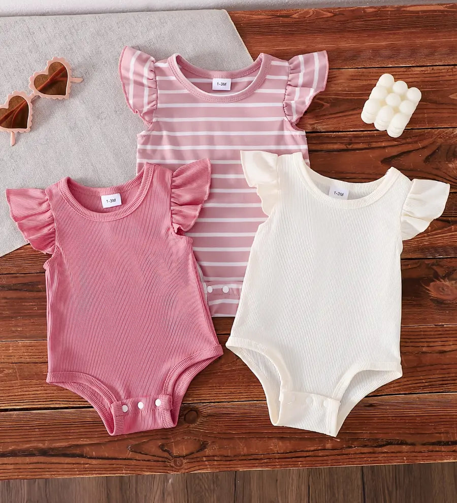 Body Bebê Menina Kit 3 Peças Manga Babado Liso e Listrado Malha Canelada 0 aos 12 Meses — foto 1