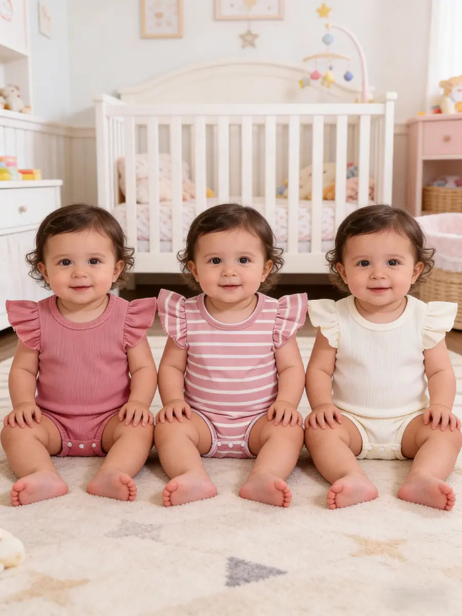 Body Bebê Menina Kit 3 Peças Manga Babado Liso e Listrado Malha Canelada 0 aos 12 Meses — foto 2