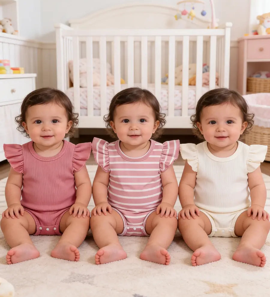 Body Bebê Menina Kit 3 Peças Manga Babado Liso e Listrado Malha Canelada 0 aos 12 Meses — foto 2