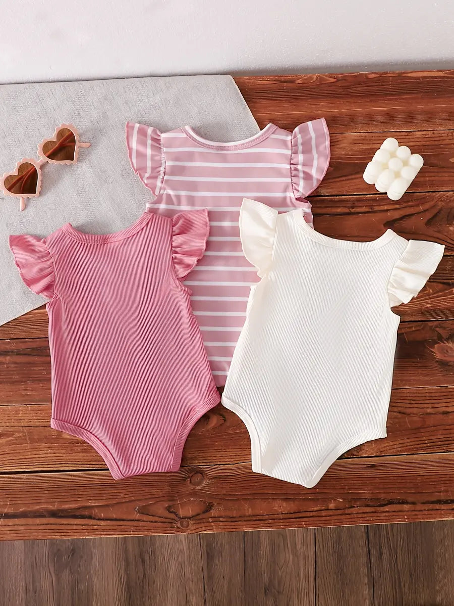 Body Bebê Menina Kit 3 Peças Manga Babado Liso e Listrado Malha Canelada 0 aos 12 Meses — foto 3