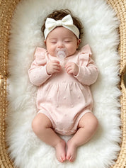 Body Bebê Menina Manga Longa Babado Gola Redonda Malha Tricô Rosa 0 a 18 Meses — foto 1