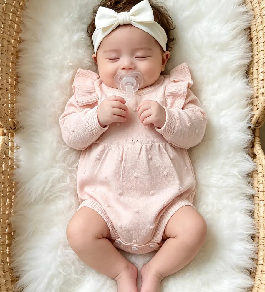 Body Bebê Menina Manga Longa Babado Gola Redonda Malha Tricô Rosa 0 a 18 Meses — foto 1