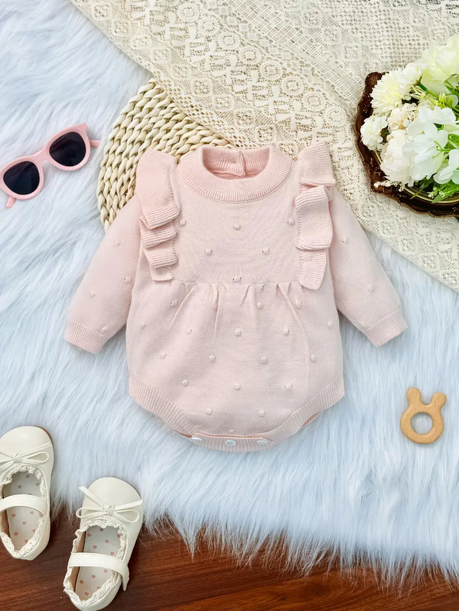 Body Bebê Menina Manga Longa Babado Gola Redonda Malha Tricô Rosa 0 a 18 Meses — foto 2