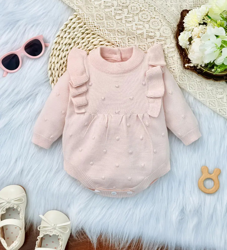 Body Bebê Menina Manga Longa Babado Gola Redonda Malha Tricô Rosa 0 a 18 Meses — foto 2