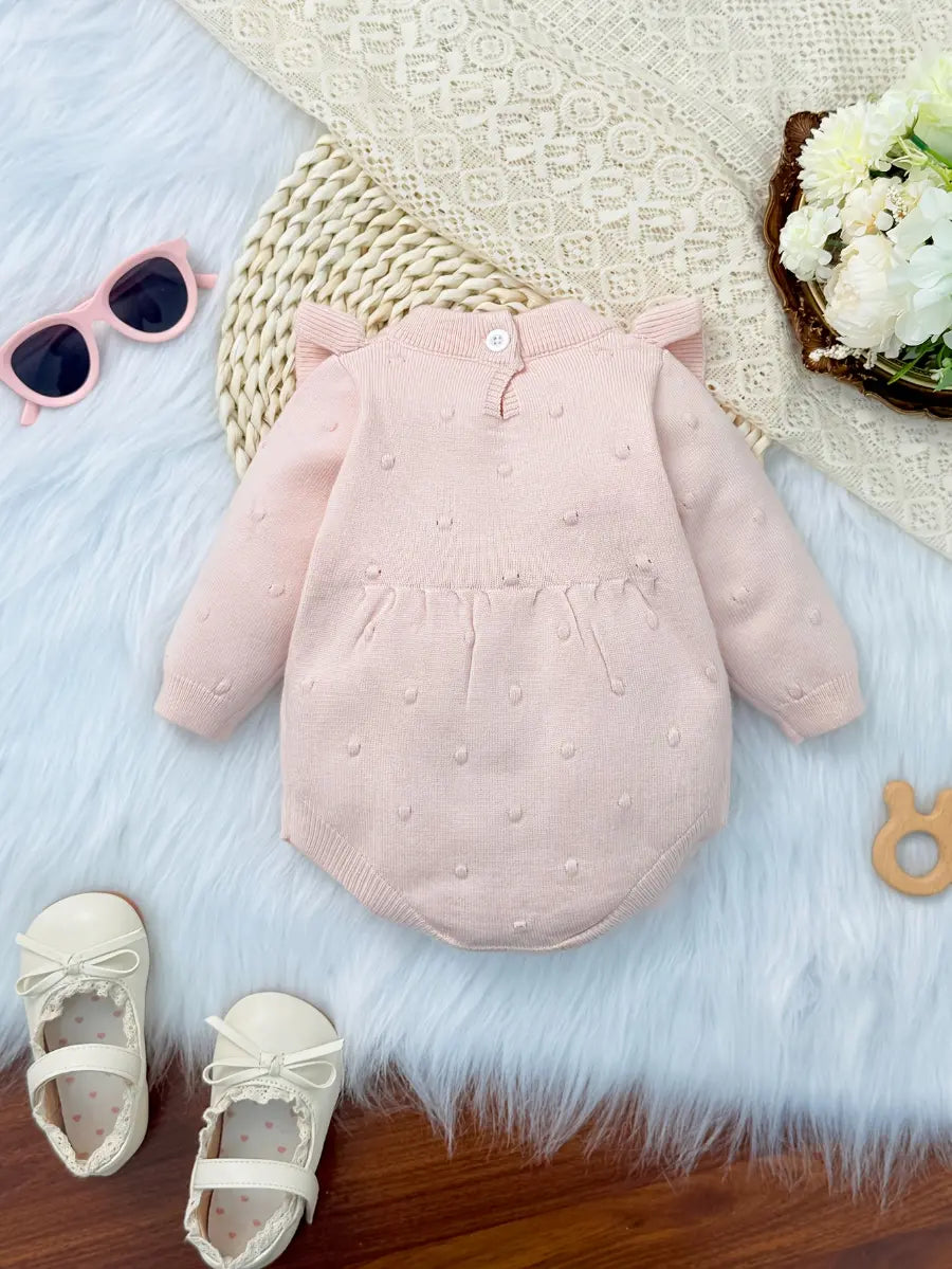 Body Bebê Menina Manga Longa Babado Gola Redonda Malha Tricô Rosa 0 a 18 Meses — foto 3